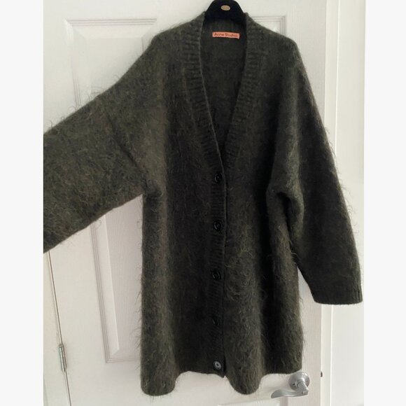 ACNE Wool/Mohair Long Cardigan in Green Olive, Size S/M - Picture 3 of 9